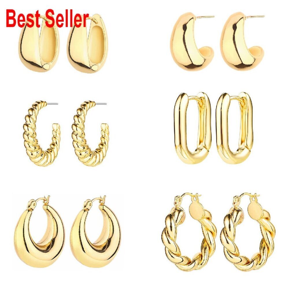 14K Gold Plated Hoop Earrings Set Chunky Minimalist Y2K Chic